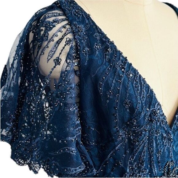 Mac Duggal 67493 Navy Blue Lace Beaded Sheer Flutter Sleeve Gown| Size 10 - Picture 14 of 14